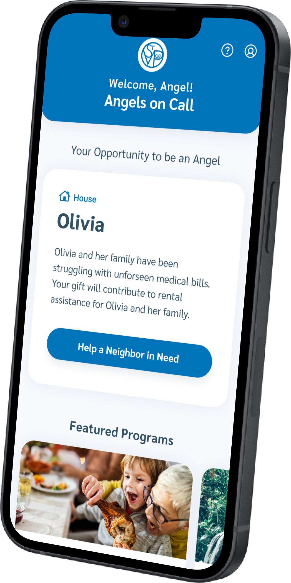 App screen with Oliviya's need